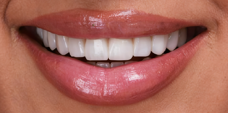 Close-up of upper and lower teeth showing whiter teeth in a cosmetic smile comparison
