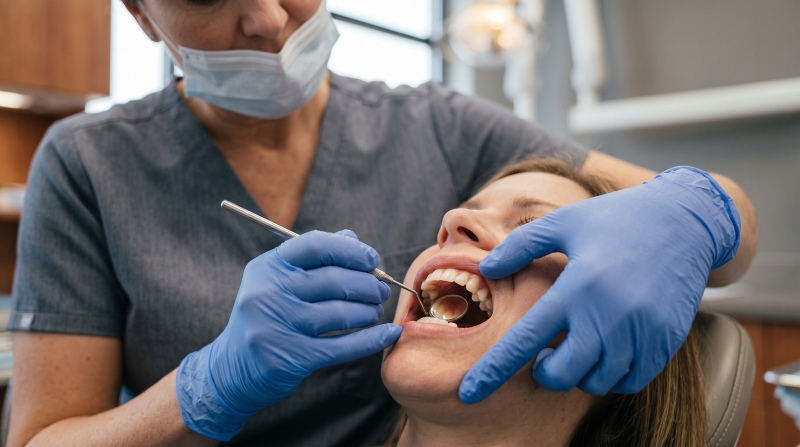 Dentist wearing a surgical mask performing a dental examination with instruments inside a patient's mouth