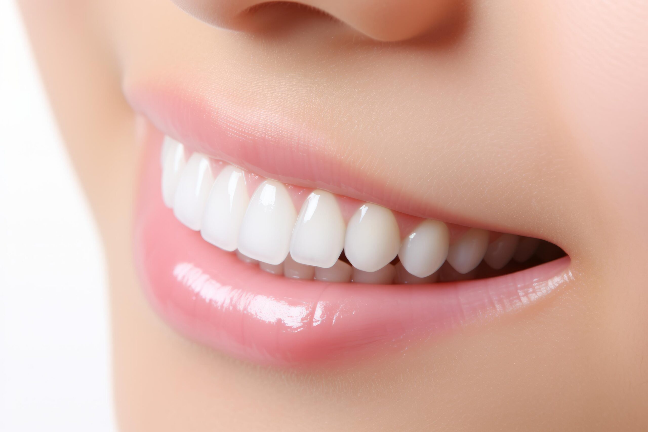 Close-up of a woman's bright, evenly shaped teeth, illustrating natural-looking cosmetic smile aesthetics