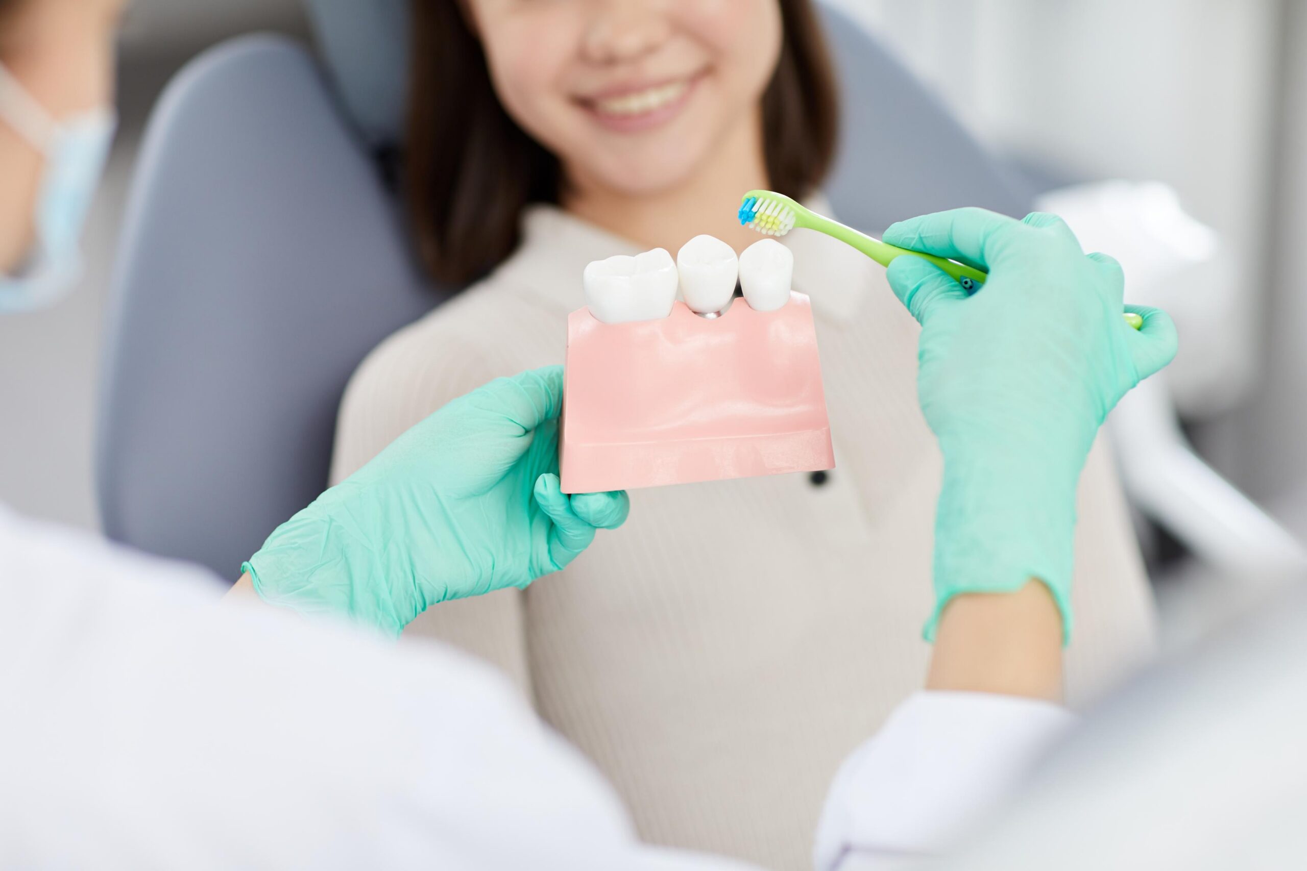 Dental professional using a model of teeth to explain oral hygiene and preventive dentistry to a patient
