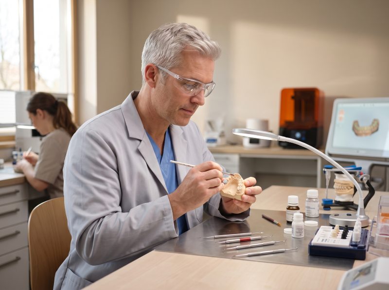 Dental laboratory technician examining a model during the design and fabrication of custom restorations
