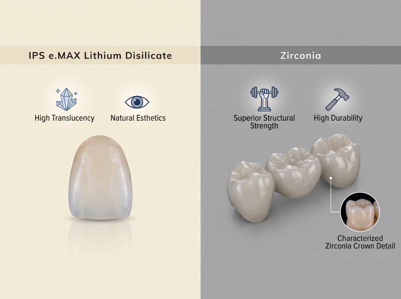 Comparison of ceramic dental restoration materials, including lithium disilicate e.max and zirconia