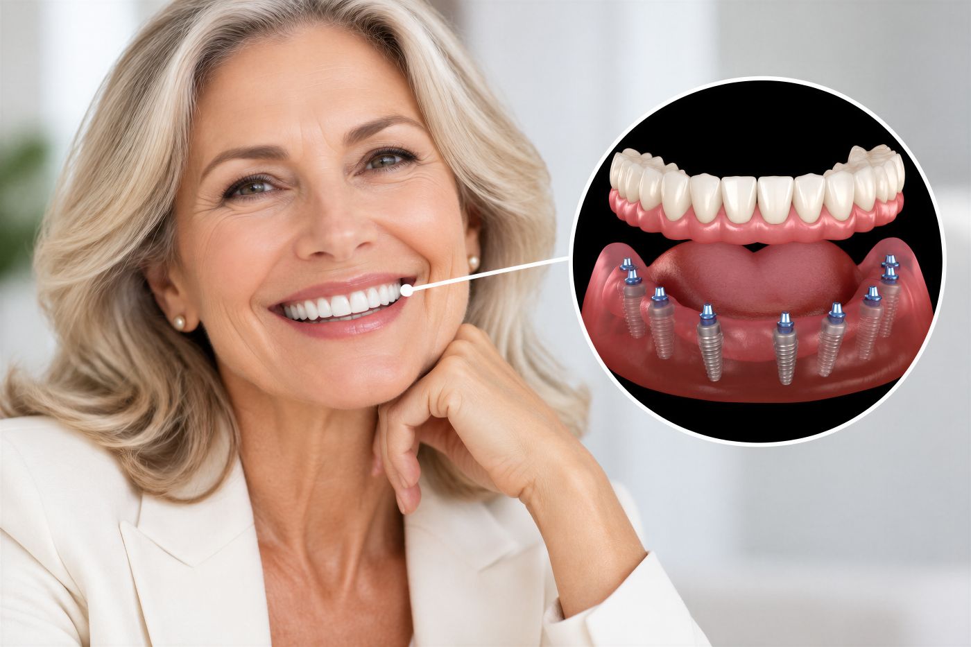 Smiling woman representing dental implant model to demonstrate full-arch tooth replacement options