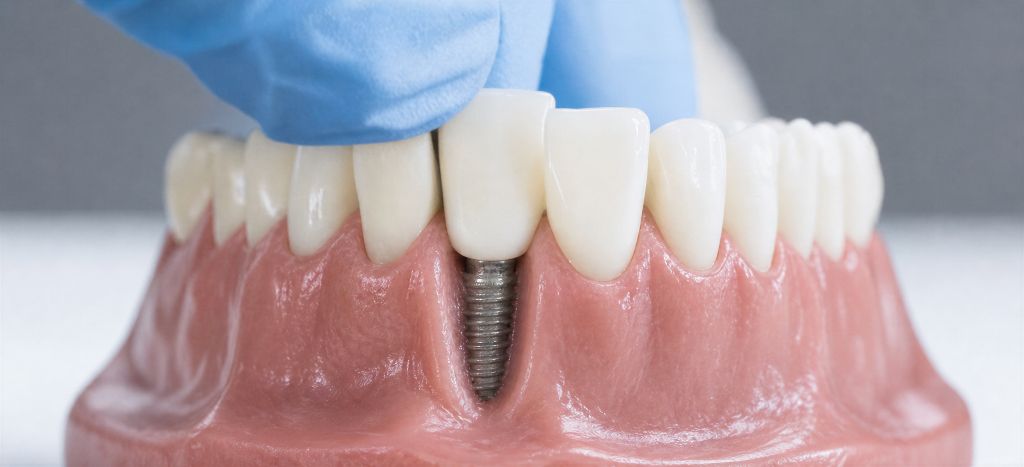 Dental implant illustration showing replacement teeth supported by titanium implants within the jawbone