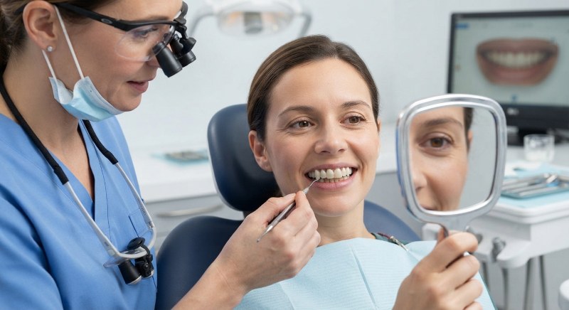 Smiling woman during a digital smile design consultation to evaluate tooth shape and proportions