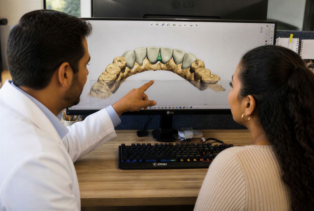 Dental professional examining a digital model of a patient's bite for full-mouth rehabilitation planning