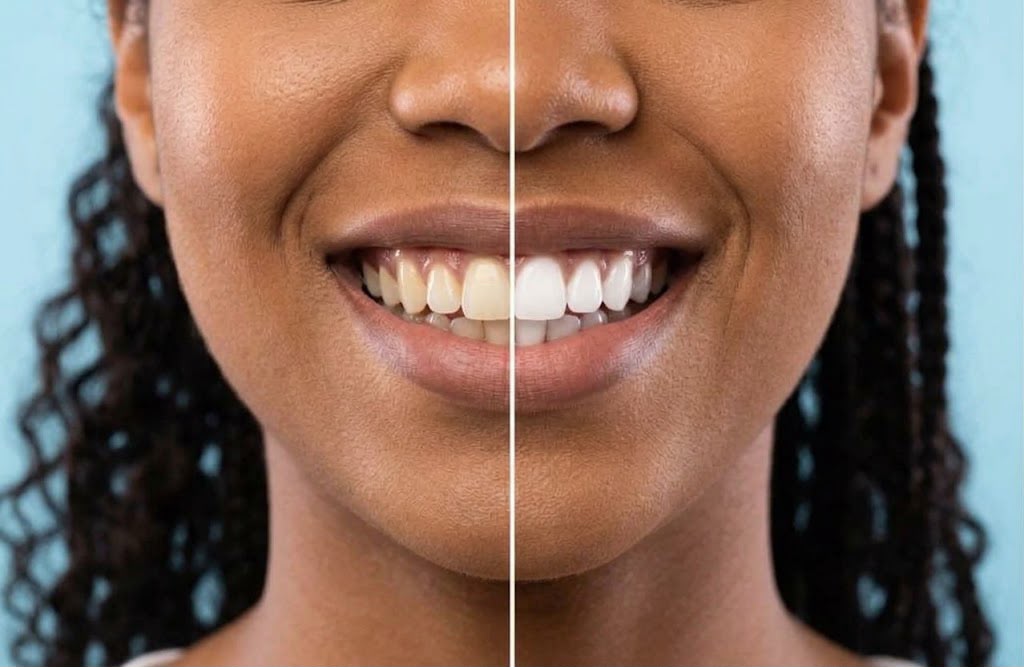 Before-and-after comparison of a woman's smile showing changes in tooth color and appearance after cosmetic dentistry
