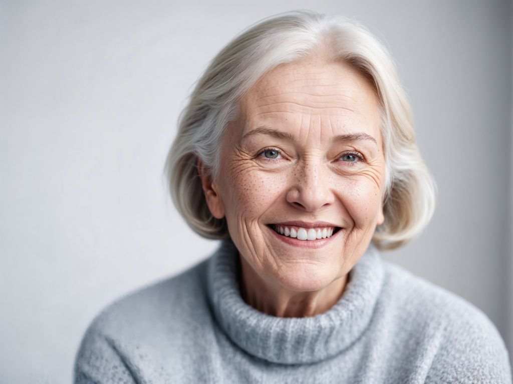 Older woman with short gray hair smiling confidently, representing healthy smiles and dental wellness